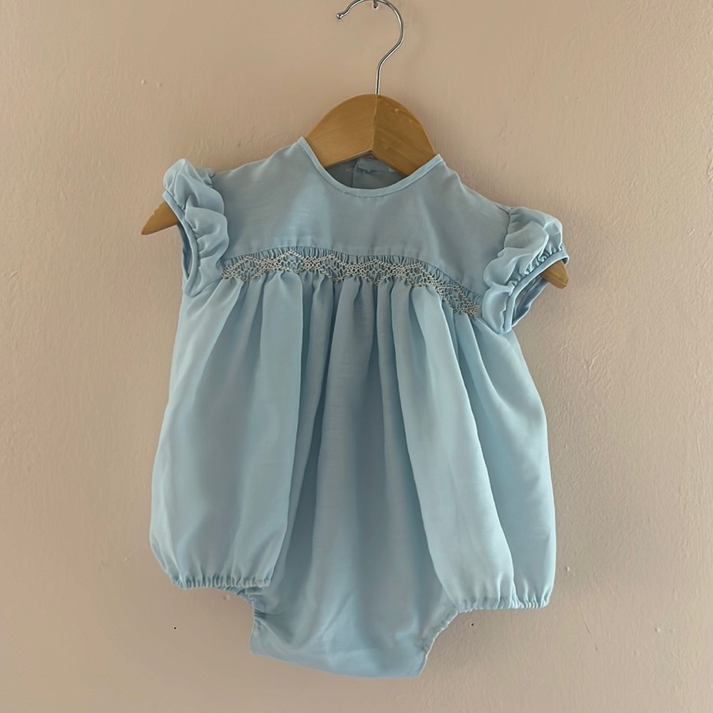 Vintage Light Blue Baby One-Piece with Smocking